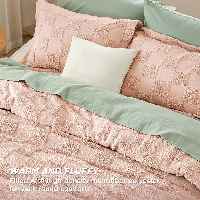 Bedsure King Size Comforter Set Dusty Rose, Boho Tufted Bed Set, Checkered Farmhouse Shabby Chic Bedding, 3 Pieces, 1 Plaid Geometric Comforter and 2 Pillow Shams