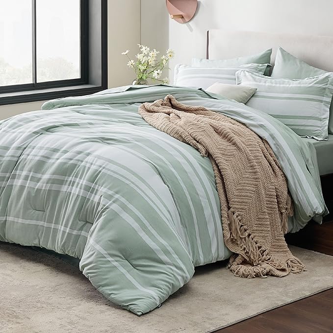 Bedsure Twin Comforter Set 5 Pieces, Sage Green Striped Bedding Set for All Seasons, Reversible, Cationic Dyeing Bed in a Bag with Comforter, Sheets, Pillowcase & Sham