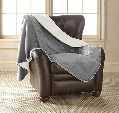 Mambe Silky Waterproof Throw for Protecting Furniture Bed Couch from Stains Caused by Dogs, Cats, Incontinence. Soft, Washable, Reversible. (Size Large 70x90 inches, Color Buff/Dove)