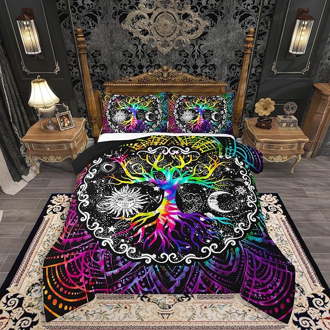 Tree of Life Comforter Set King Size,Colorful Sun and Moon Bedding Set for Men Women,Psychedelic Mandala Flowers Quilt Lightweight,Galaxy Stars Tribal Duvet Insert with 2 Pillow Shams Bedroom Decor