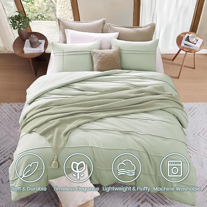 Boho King Size Comforter Set, Sage Green King Size Bed Set 3 Piece, Pinch Pleat King Bedding Set and Green Fluffy Comforter Sets for Bedroom