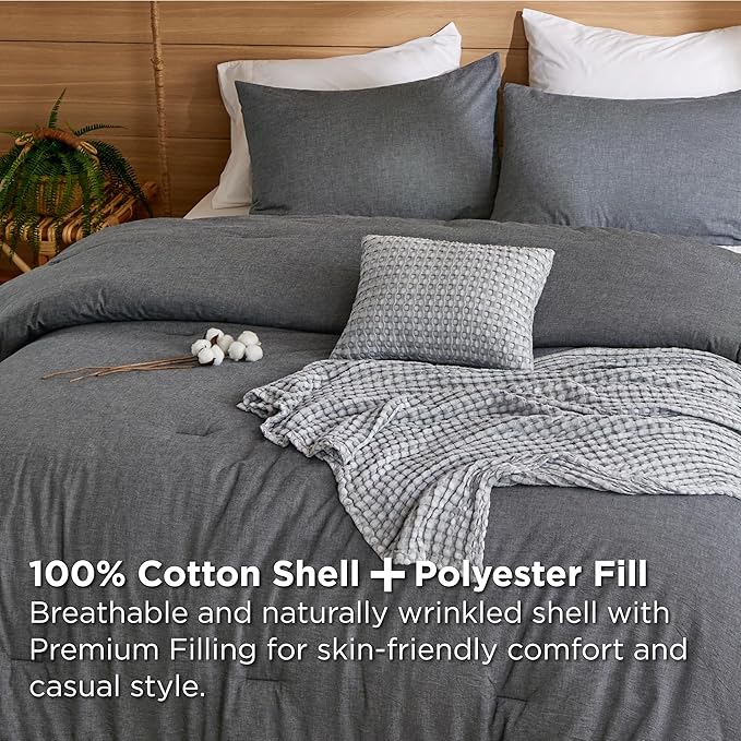 Bedsure 5 Pieces Cotton Comforter Set with Cotton Waffle Throw Blanket - Dark Grey Queen Comforter, Pillow Shams, Grey Cooling Blanket of Rayon Derived from Bamboo for Hot Sleepers, Throw Pillow