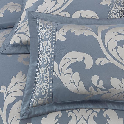 Chezmoi Collection Royale 7-Piece Jacquard Floral Comforter Set, Queen, Grayish Blue/Gray