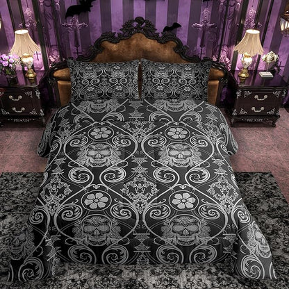 Feelyou Adults Grey Vintage Damask Floral Comforter Set Oriental Antique Comforter Queen Size Exotic Sugar Skull Rose Bedding Set Gothic Bohemia Boho Duvet Set Quilt Set 3Pcs