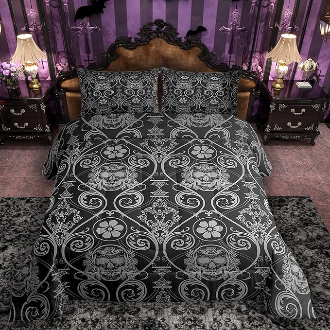Feelyou Adults Grey Vintage Damask Floral Comforter Set Oriental Antique Comforter King Size Exotic Sugar Skull Rose Bedding Set Gothic Bohemia Boho Duvet Set Quilt Set 3Pcs