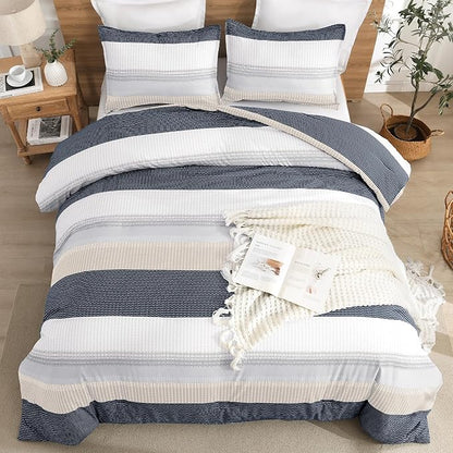 Litanika Oversized King Comforter Set Blue Yellow 120x98-3 Pieces Lightweight Colorblock Stripe Fluffy Bedding Comforter Sets, All Season Bed Set