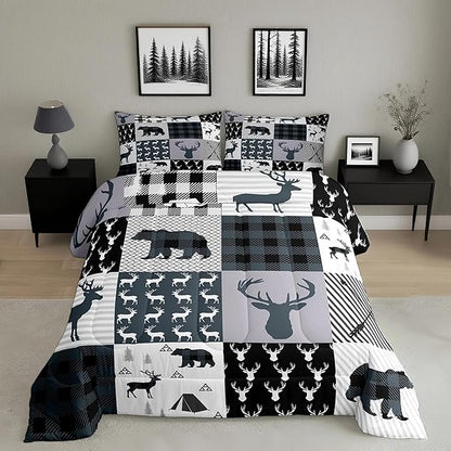 Feelyou Rustic Deer Bear Comforter Set King, Camping Hunting Comforter Set for Kids Western Farmhouse Comforter Bear Antler Silhouette Duvet Set Breathable Quilt Set 3Pcs
