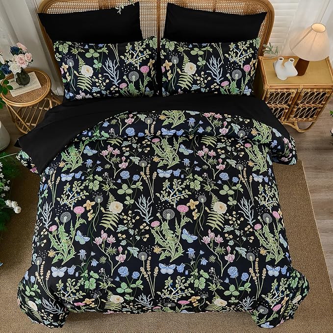 Yiran Black Green Floral Comforter Set Queen Size, 7 Piece Botanical Comforter Bedding Set, Farmhouse Bed in a Bag, Soft Microfiber Complete Bedding Set with Sheets for All Season