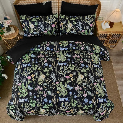 Yiran Black Green Floral Comforter Set Queen Size, 7 Piece Botanical Comforter Bedding Set, Farmhouse Bed in a Bag, Soft Microfiber Complete Bedding Set with Sheets for All Season