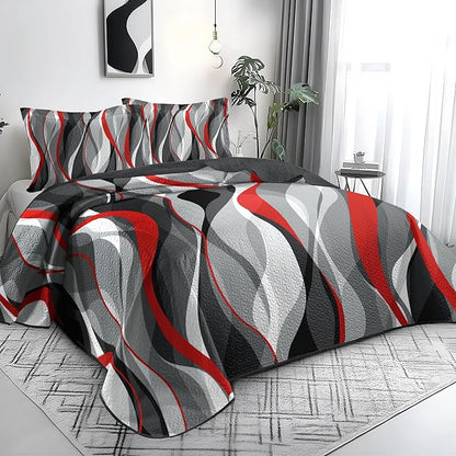 weesire Classic Line Pattern Bedding Quilt Twin Size Modern Grey Red and Black Stripe Quilt with Shams, Gray and Red Comforter Sets Lightweight Breathable Bedspreads Coverlet, 68''x86''