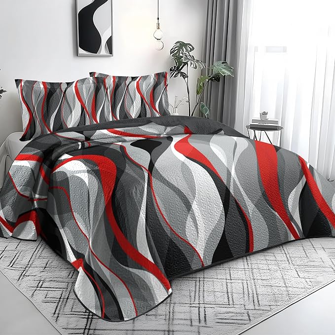 weesire Classic Line Pattern Bedding Quilt King Size Modern Grey Red and Black Stripe Quilt with 2 Shams, Gray and Red Comforter Sets Lightweight Breathable Bedspreads Coverlet, 96''x106''