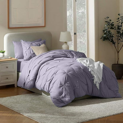 Nestl Twin Comforter Set 5 Piece - Pintuck Twin Bedding Sets Dusty Purple, College Room Essentials for Girls and Boys Bed in a Bag All Season, Comforter Set with Sheets, Pillowcase and Sham
