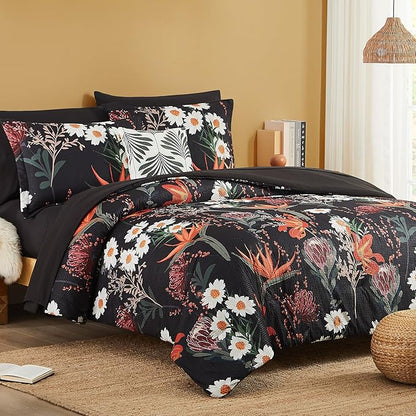 CASAAGUSTO King Size Comforter Set, 7 PCS Black Shore Floral Comforter Set with Flowers Leaves Pattern, Soft All Season King Bedding Set (102"X90")