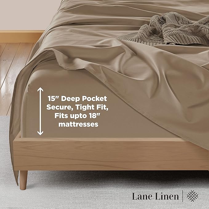 Lane Linen 100% Cotton Bed Sheets – 600 Thread Count Cooling Sheets Queen, Durable Daily Use Bedding, Value Comfort for Nightly Rest, Hotel Sateen Finish, Snug Fit 15" Deep Pocket Fitted Sheet – Taupe