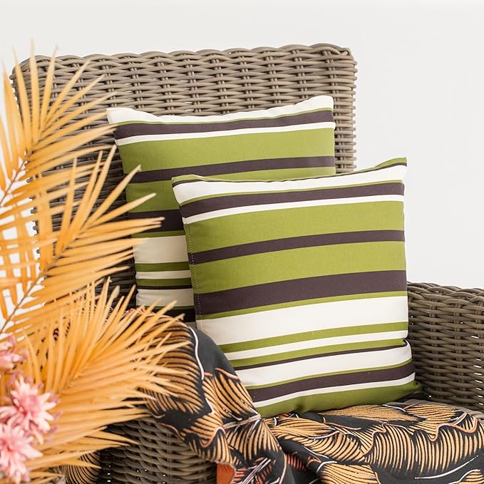 JMGBird Weather-Resistant Outdoor Pillows Set of 2, 18x18 inch Durable White Green Brown Stripes Throw Pillows with Inserts for Patio Furniture