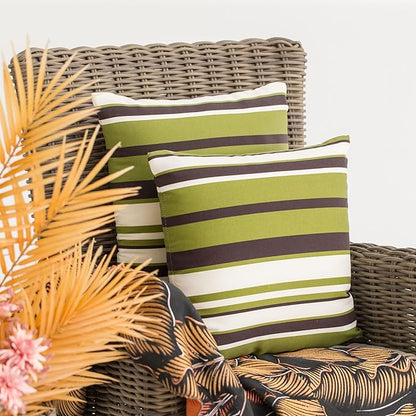 JMGBird Weather-Resistant Outdoor Pillows Set of 2, 18x18 inch Durable White Green Brown Stripes Throw Pillows with Inserts for Patio Furniture