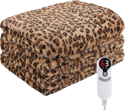 Electric Heated Blanket Throw Size 50"x60", Fast Heating Throw, Soft Microplush for Sofa & Office,6 Heating Levels & 1-10 Hours Auto Off, Machine Washable, Gifts for Family-Brown Leopard Print