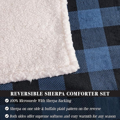 Elegant Comfort 3-Piece Buffalo Lodge-Plaid Comforter Set, Luxurious, Heavyweight, All Season, Down Alternative-Micromink Sherpa-Backing Reversible Micro-Suede, Soft and Plush, King, Blue