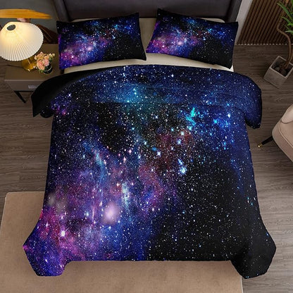 Tailor Shop Galaxy Comforter Set Universe Outer Space Blue and Purple Starry Sky Night Pattern Bedding Set for Girls Boys Kids Queen Size with 1 Comforter 2 Pillowcases……