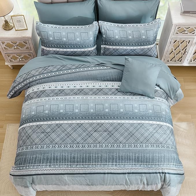 WONGS BEDDING 8 Piece Queen Size Comforter Set, Blue Striped Bed in a Bag Comforter and Sheet Set, Boho Lightweight Microfiber Bedding Set for All Season (90"×90")