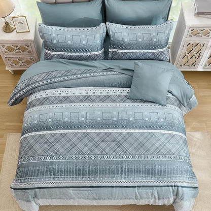 WONGS BEDDING 8 Piece Queen Size Comforter Set, Blue Striped Bed in a Bag Comforter and Sheet Set, Boho Lightweight Microfiber Bedding Set for All Season (90"×90")