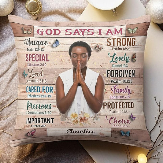 Macorner Personalized Photo Pillow (Insert Included) - God Says I Am Unique - Birthday Gifts for Daughter, Son, Kids - Daughter Gifts - Gifts for Nieces, Nephews - Self Care Inspiration Gifts