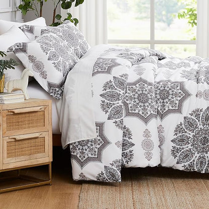 Southshore Fine Living, Inc. Oversized Twin XL Comforter Set, Down Alternative Boho Comforter, Paisley Floral Bedspread Coverlet Set, Twin/XL Bedding with Matching Pillow Sham, Grey on White