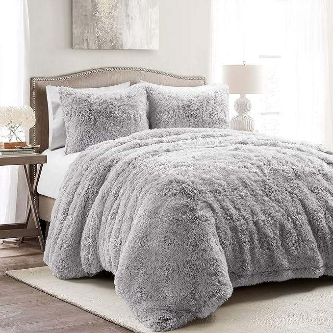 Lush Decor Emma Faux Fur Soft Fluffy Oversized Duvet Cover Set, Full/Queen, Light Gray - Warm Plush 3 Piece Bedding Set