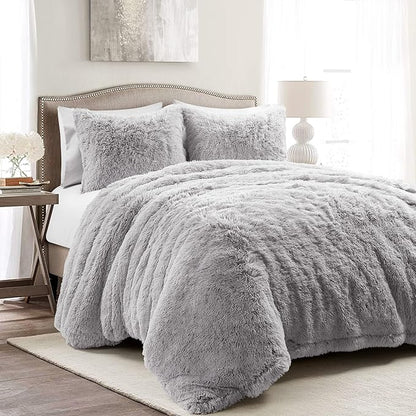 Lush Decor Emma Faux Fur Soft Fluffy Oversized Duvet Cover Set, Full/Queen, Light Gray - Warm Plush 3 Piece Bedding Set