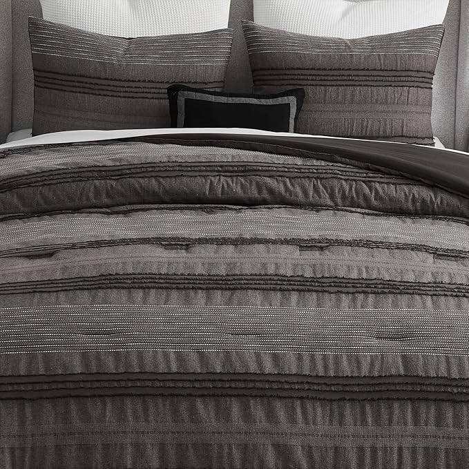 Wonderful Dark Grey Comforter Set Queen Size, Yarn Dyed Farmhouse Striped Cotton Lightweight Boho Comforter with Pillow Shams, Halloween Bedding, Fluffy Bedding Set for All Season