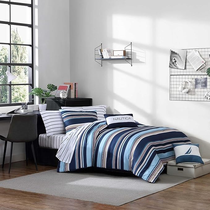 Nautica - Queen Comforter Set, Soft Woven Bedding with a Lightweight for Year Round Comfort, 5 Piece Bed Set with Matching Pillowcases & Bonus Throw Pillows (Colton Blue)