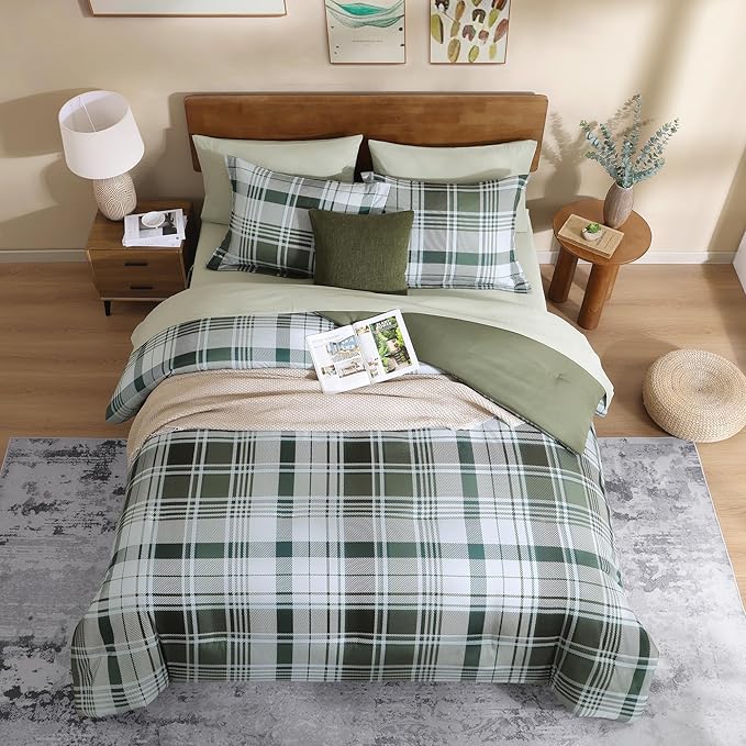 MaiRêve Full Size Comforter Set Olive Green, Plaid Design Comforter Set 7 Pieces, All Season Comfortable Bedding Sets Full, Lightweight, Soft and Warm (Olive Green, Full)