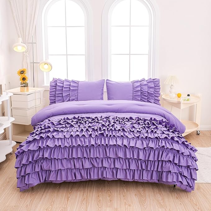 MWMWMW Girls Purple Ruffle Comforter Set Full, Purple Ruffle Bedding Set, 3Pcs Full Size Bedding Sets for Kids Girls, All Season Use