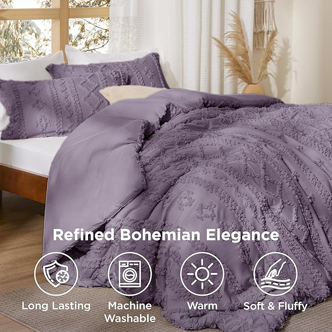 Bedsure Tufted Boho Comforter Set Twin Size - Grayish Purple Boho Bed Set, GentleSoft™ 2 Pieces Farmhouse Shabby Chic Embroidery Bedding, Gifts for Woman, Soft Jacquard Twin Comforter for All Seasons
