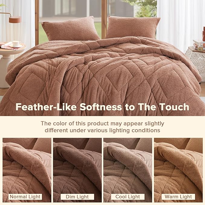 Comfort Spaces Queen Comforter Set Reversible Feather-Soft Plush Comforters for Queen Size Bed All Season Lightweight Shearling Fleece Sherpa Comforter Queen Size Bed Set, Full/Queen, Brown 3 Piece