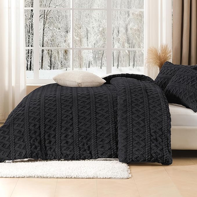 Andency Fluffy Comforter Set King Size, Black Sherpa Fleece Super Soft Warm Bedding for Winter, Luxury Boho Jacquard Thick Fuzzy Plush Bed Set 3 Pieces(1 Shaggy Comforter, 2 Pillowcases)