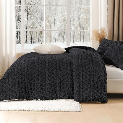 Andency Fluffy Comforter Set King Size, Black Sherpa Fleece Super Soft Warm Bedding for Winter, Luxury Boho Jacquard Thick Fuzzy Plush Bed Set 3 Pieces(1 Shaggy Comforter, 2 Pillowcases)