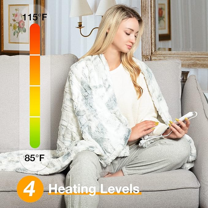 WOOMER Heated Blanket Throw 50" x 60", Electric Blanket Throw with 4 Heating Levels & 4H Auto Off, ETL Certified, Marble Blue Double-Sided Faux Fur, Over-Heat Protect, Machine Washable