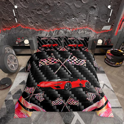 jejeloiu Red Race Car Bedding Set Twin Size Extreme Sports Comforter Set for Kids Teens Adult Fast and Furious Duvet Set Dazzling Flag Quilt Set 2Pcs