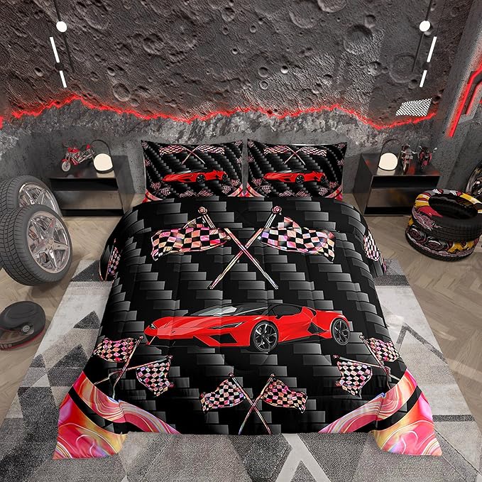 jejeloiu Red Race Car Bedding Set Full Size Extreme Sports Comforter Set for Kids Teens Adult Fast and Furious Duvet Set Dazzling Flag Quilt Set 3Pcs