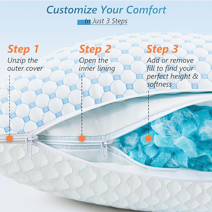 Cooling Firm Bed Pillows Set of 2, Shredded Memory Foam Pillows for Sleeping Luxury Gel Pillows for Side Back Stomach Sleepers with Removable Washable Cover(Blue, King(U.S. Standard))
