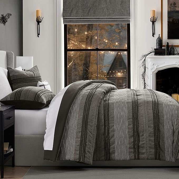 Wonderful Dark Grey Comforter Set Queen Size, Yarn Dyed Farmhouse Striped Cotton Lightweight Boho Comforter with Pillow Shams, Halloween Bedding, Fluffy Bedding Set for All Season