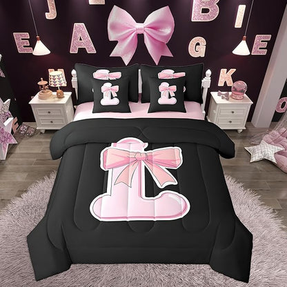 jejeloiu Kawaii Pink Bow King Comforter Set with Sheets,Gifts for Women Teen Girl,Personalized Initial Letter L 7 Piece Bedding Set,Soft Monogrammed Bed in a Bag with Comforter,Sheets,Pillowcases