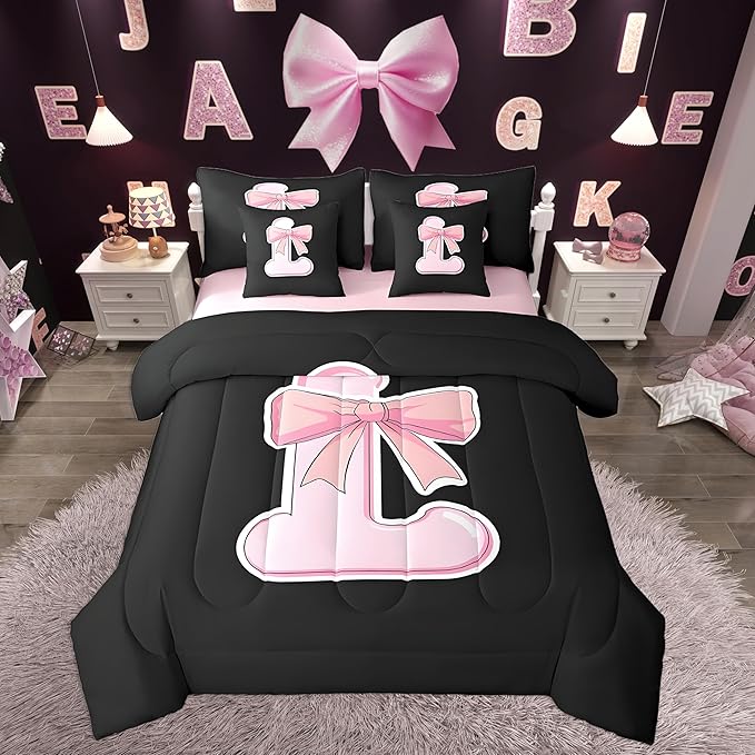 jejeloiu Kawaii Pink Bow Twin Comforter Set with Sheets,Gifts for Women Teen Girl,Personalized Initial Letter L 7 Piece Bedding Set,Soft Monogrammed Bed in a Bag with Comforter,Sheets,Pillowcases