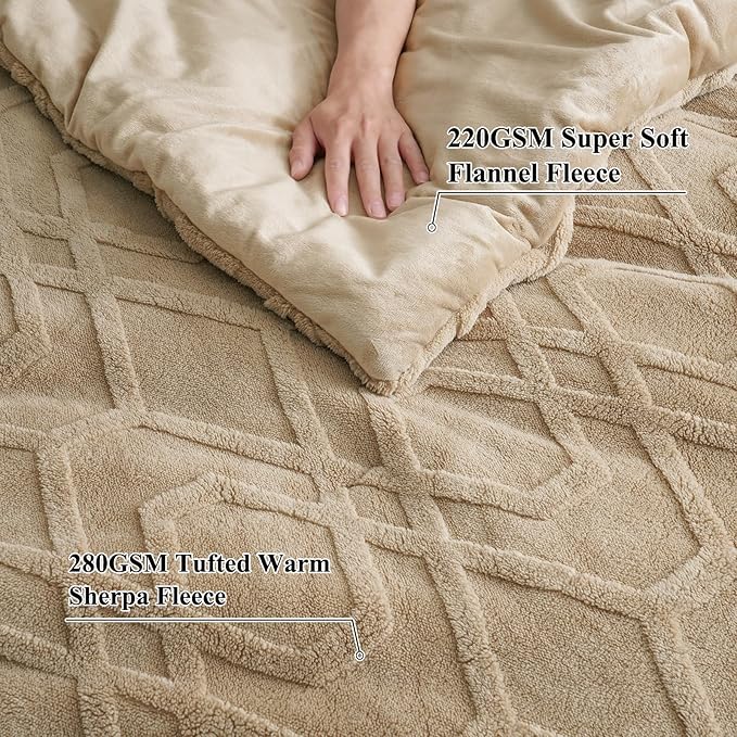 PHF Warm Sherpa Fleece Twin Comforter Set, 3D Tufted Fluffy Khaki Bedding for Winter, Soft 2 Pieces Shaggy Bed Set, 1 Comforter (68"x90") and 1 Pillowcase (20"x26")
