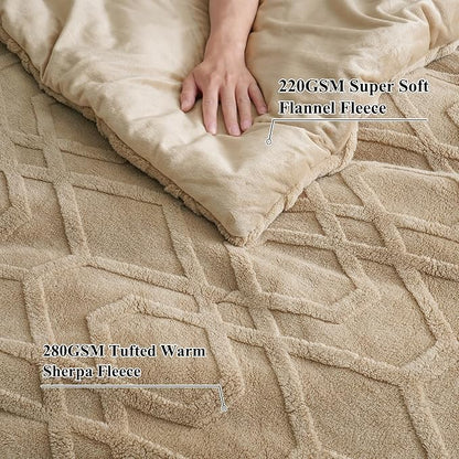 PHF Warm Sherpa Fleece Twin Comforter Set, 3D Tufted Fluffy Khaki Bedding for Winter, Soft 2 Pieces Shaggy Bed Set, 1 Comforter (68"x90") and 1 Pillowcase (20"x26")