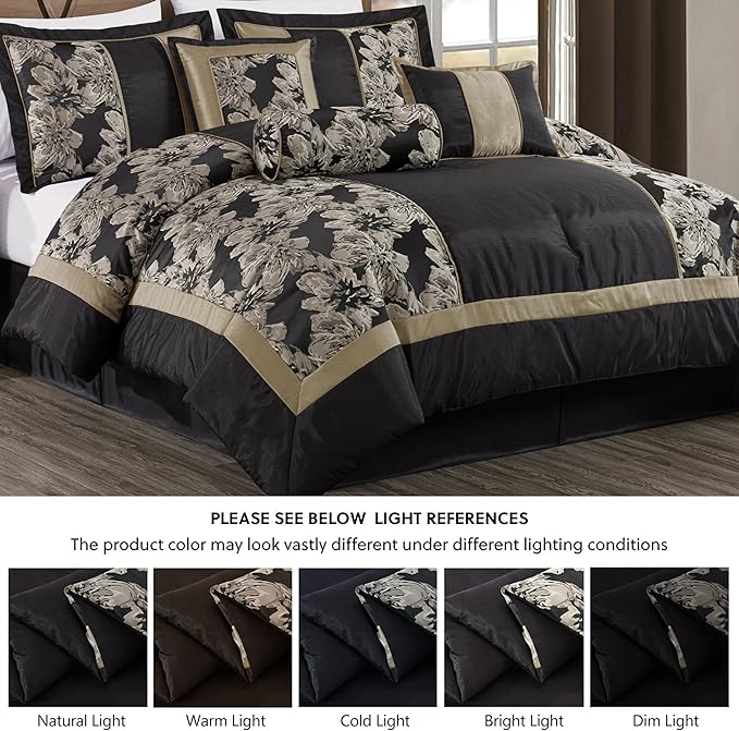 Chezmoi Collection Cameron Comforter Set California King Size, 7-Piece Black Gold Hibiscus Floral Jacquard Bedding Set
