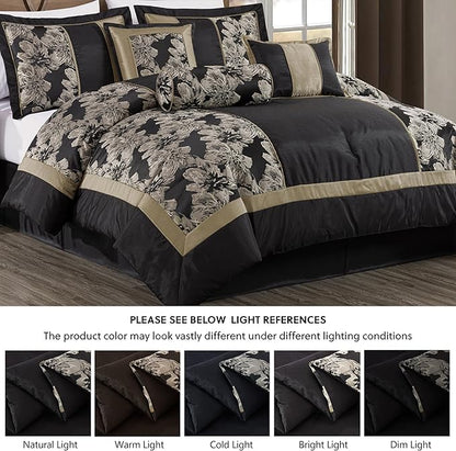 Chezmoi Collection Cameron Comforter Set California King Size, 7-Piece Black Gold Hibiscus Floral Jacquard Bedding Set