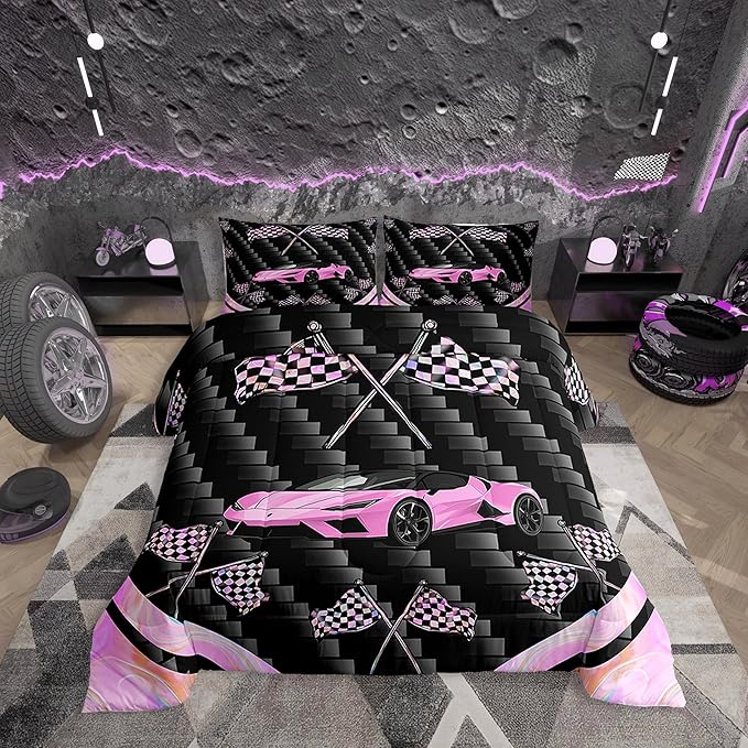 jejeloiu Pink Race Car Bedding Set Toddle Size Extreme Sports Comforter Set for Kids Teens Adult Fast and Furious Duvet Set Dazzling Flag Quilt Set 2Pcs