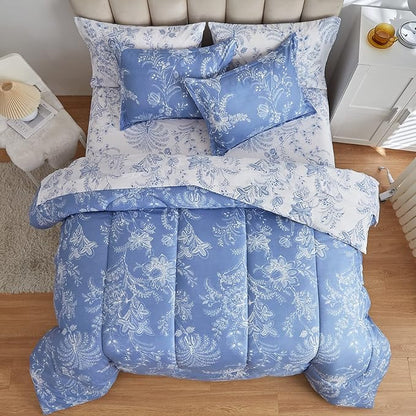 Flysheep Botanical Bed in a Bag Twin Size 6 Pieces, Reversible Blue and White Flower Printed Comforter Bedding Set (1 Comforter, 1 Flat Sheet, 1 Fitted Sheet, 2 Pillow Shams and 1 Pillowcase)